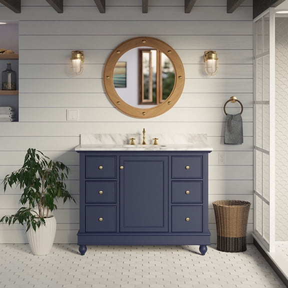 Bella 42" Bathroom Vanity with Royal Blue Cabinet and Carrara Marble Top