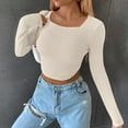 thumbnail image 2 of WREESH Womens Fashion Crop Tops Square-Neck Solid Color Knit Slim Long Sleeve Blouse Tops Beige, 2 of 7