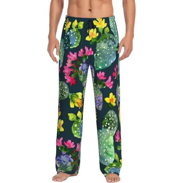 Fotbe Watercolor Cactuses Pantalones de Pijama para Hombre, Pantalones de Dormir, Pantalones de Casa con Cintura Ajustable y Bolsillos-Medium