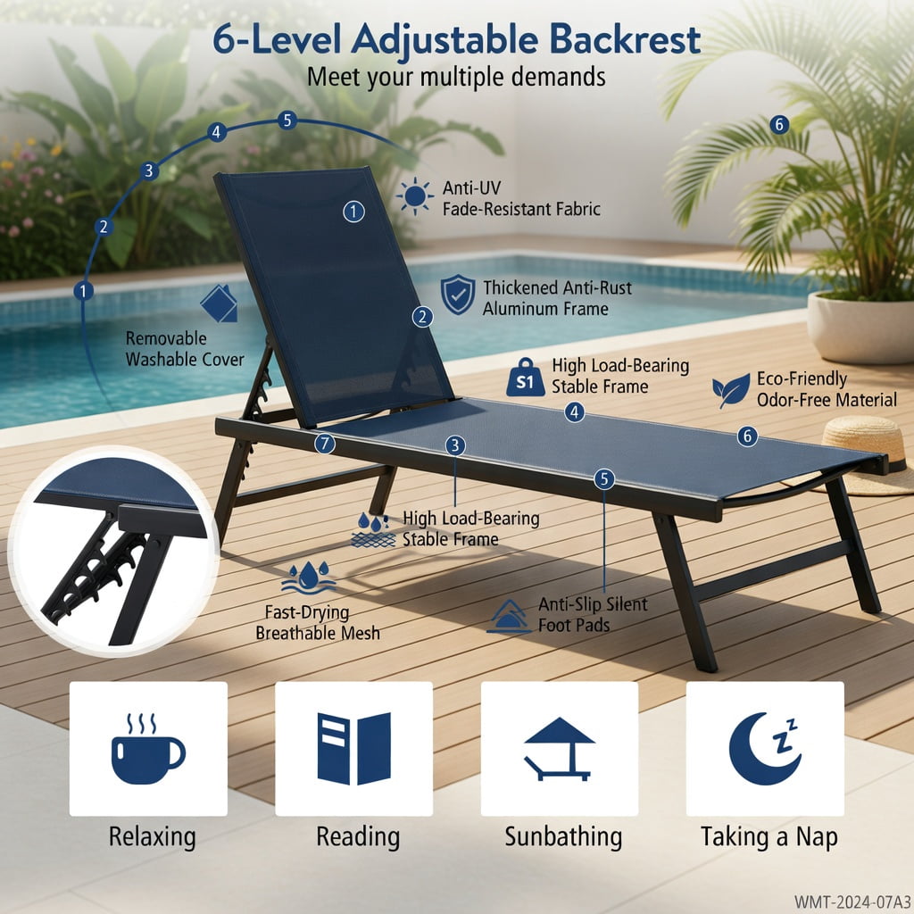 Hommoo 3-Piece Outdoor Chaise Lounge Chair Set with Adjustable Backrest and DPC Wood-Look Coffee Table for Patio, Poolside, or Backyard, Navy