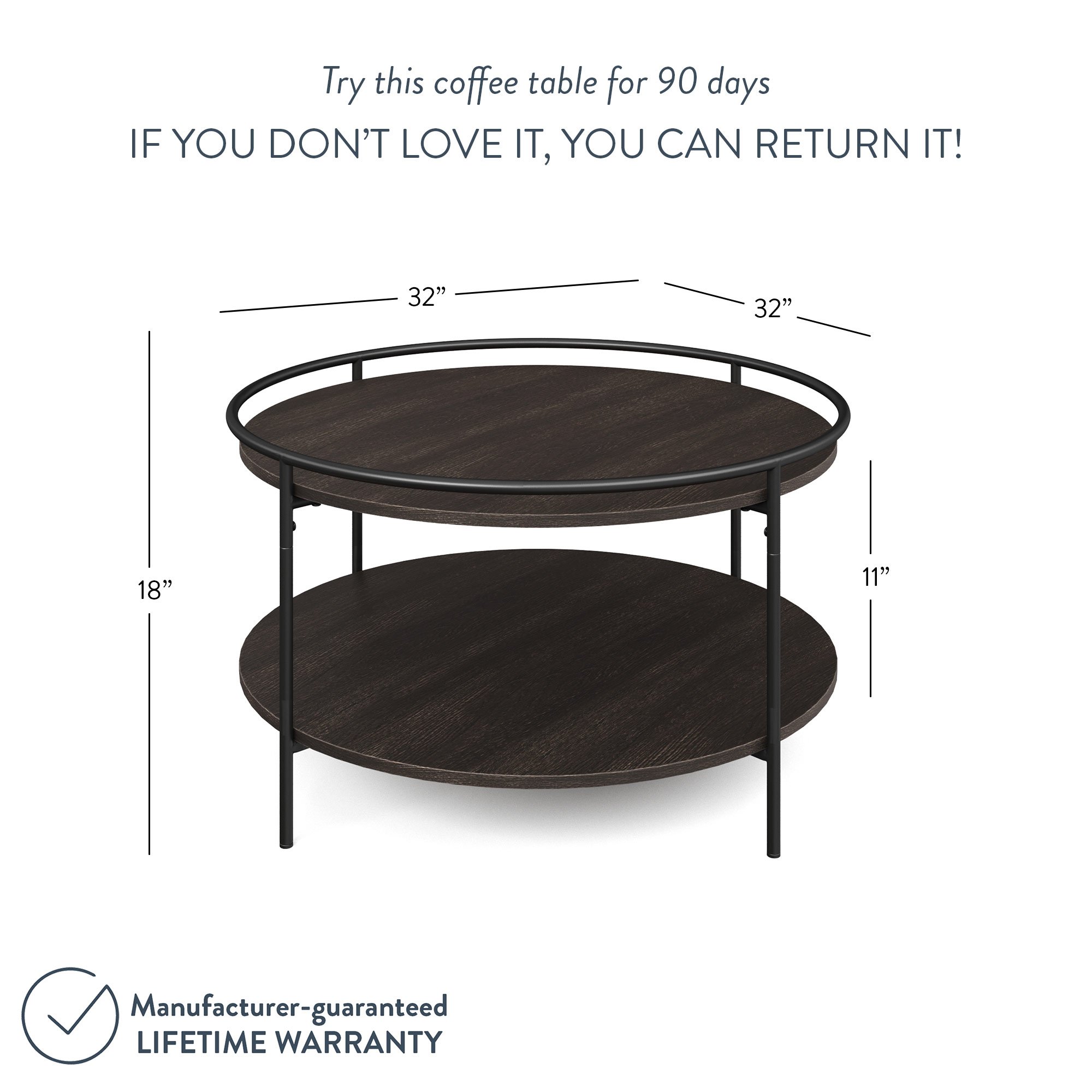 Nathan James Paloma Round Coffee Table for Tea or Cocktail 2-Tier Minimalist Tray Top Edge, Dark Oak/Matte Black - image 4 of 7