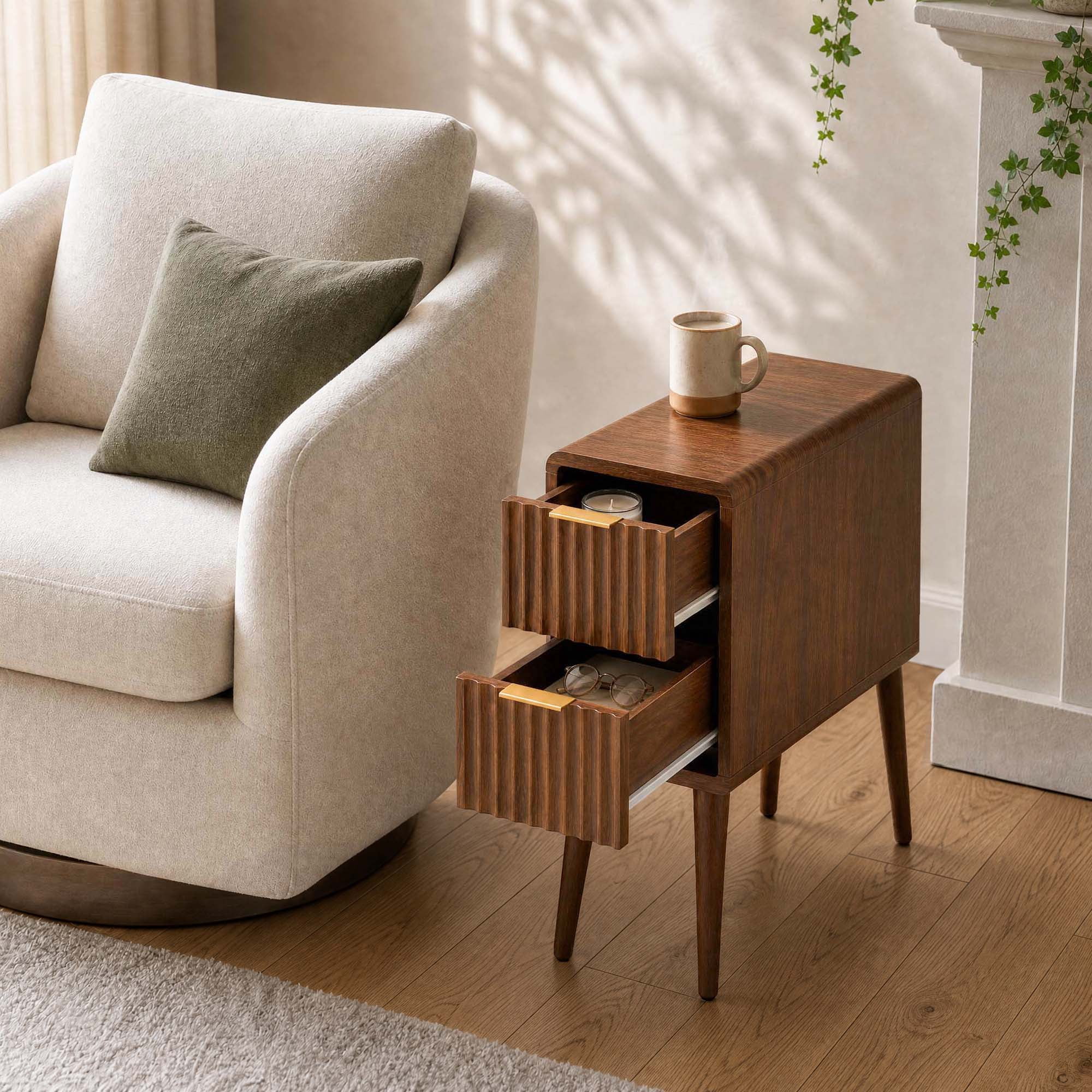 Spruce & Spring Mid-Century Modern Fluted Narrow Nightstands with 2 Drawers & Gold Handles for Bedroom, End Table for Small Spaces, Walnut