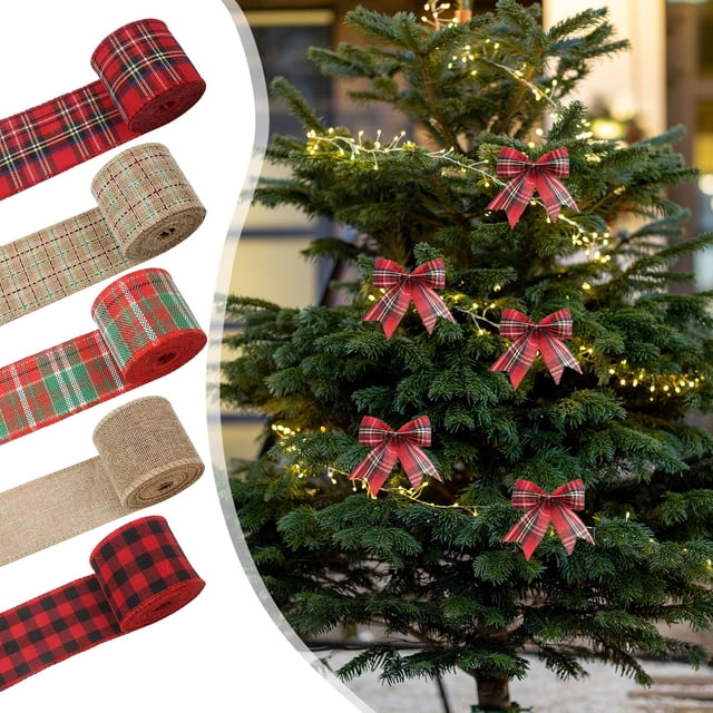 Christmas Plaid Ribbon - 20ft Imitation Linen Webbing for DIY Tree Decorations, Bows, and Wreaths