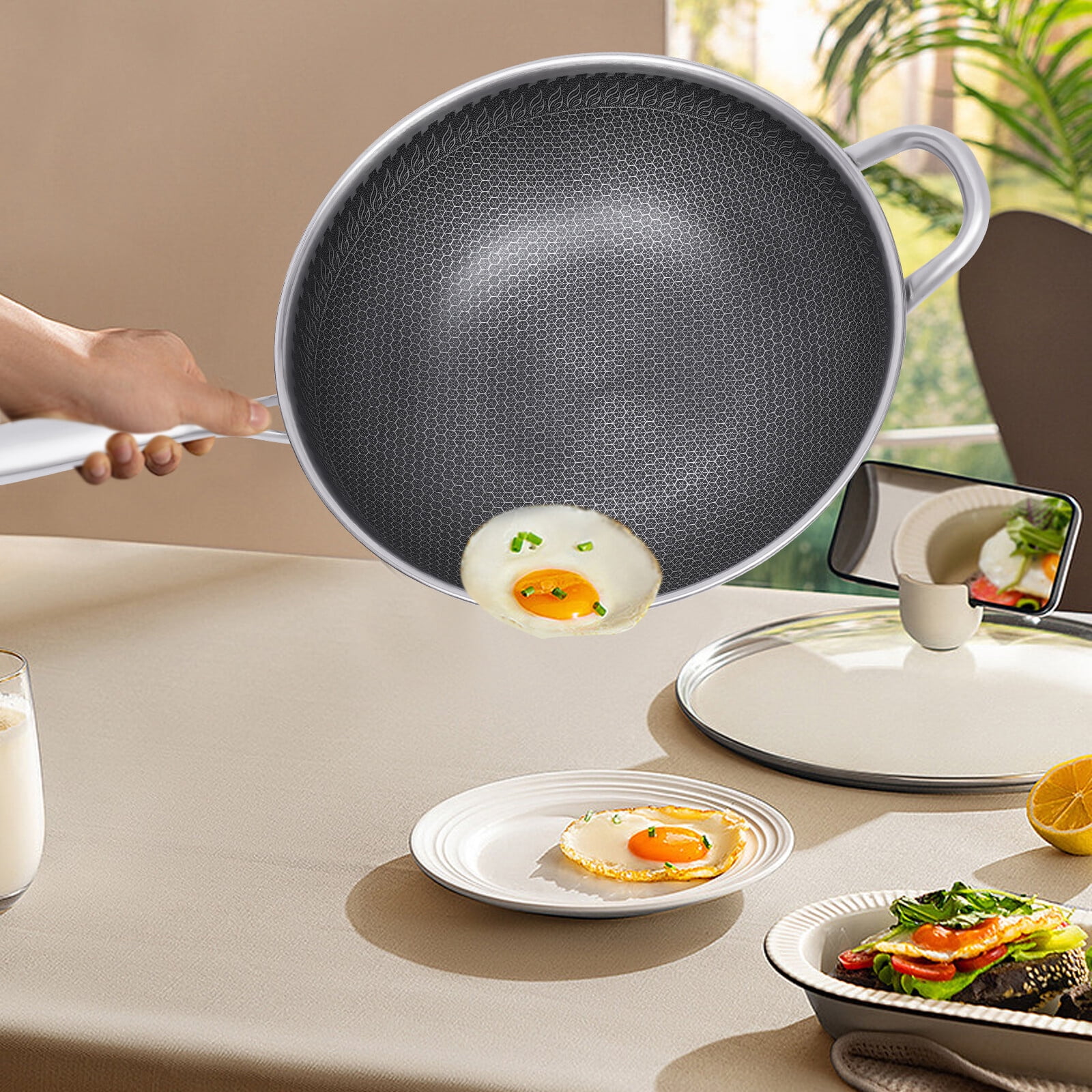 Silver Non Stick Double Sided Honeycomb Cooking Frying Wok Pan with Lid Stainless Steel for Electric Stoves