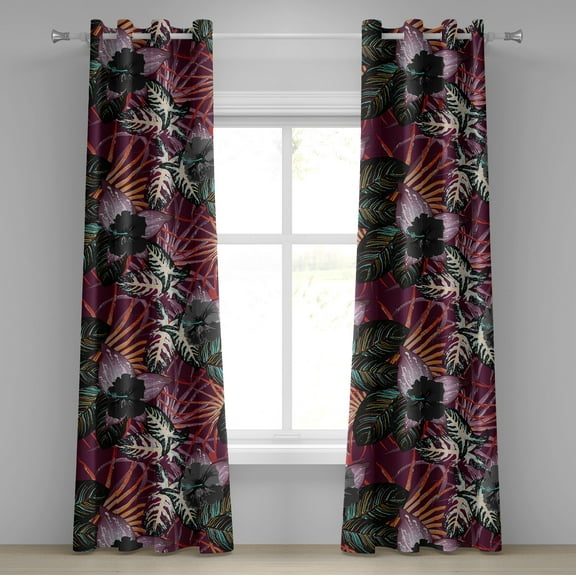 Ambesonne Tropical Grommet Curtain, Jungle Leaves Exotic Print, 50"x84", Dark Fuchsia and Dark Grey