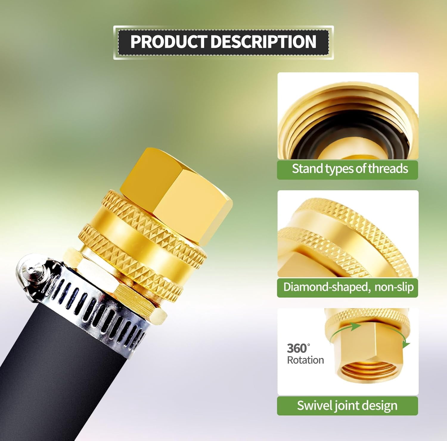 HRTGFD-Litorange 2 Pack Lead-Free Brass Garden Hose Threaded 3/4" GHT to 1/2 NPT Fitting Connect, Green Thumb Quick Swivel Connector Adapter, Double Female Thread 3/4" x 1/2" NPT Pipe