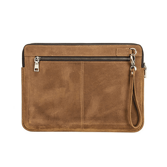 MacBook Pro 14 Inch Genuine Leather Sleeve – Cowhide Laptop Case with Zipper Pocket & Hand Strap, Protective Cover for Travel (Coffee/Brown)