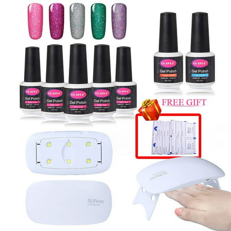 CLAVUZ Neon Gel Nail Polish Kit 5pcs Soak Off Nail Lacquer 6W Nail Lamp With Top Base Coat Nail Art Manicure Pedicure 10pcs Remover Wipes Gift Set (Best No Wipe Gel Top Coat For Chrome)