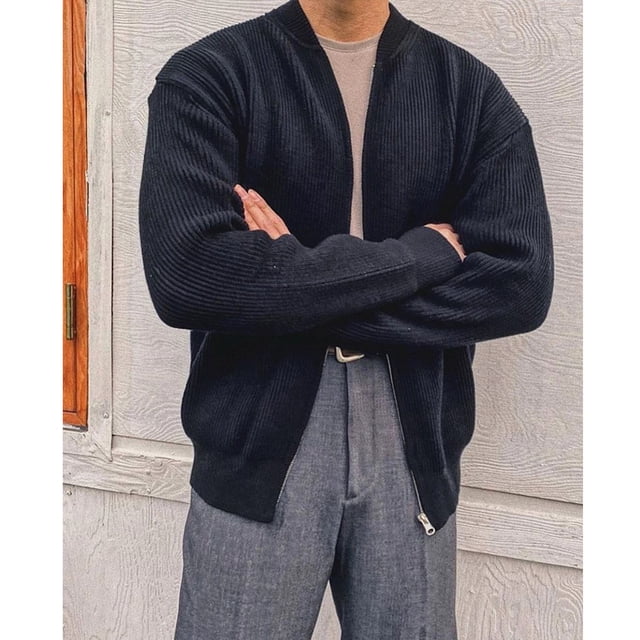 Suéter ajustado con doble cremallera y color sólido para otoño, cárdigan de cuello de béisbol de estilo simple para hombre, moda
