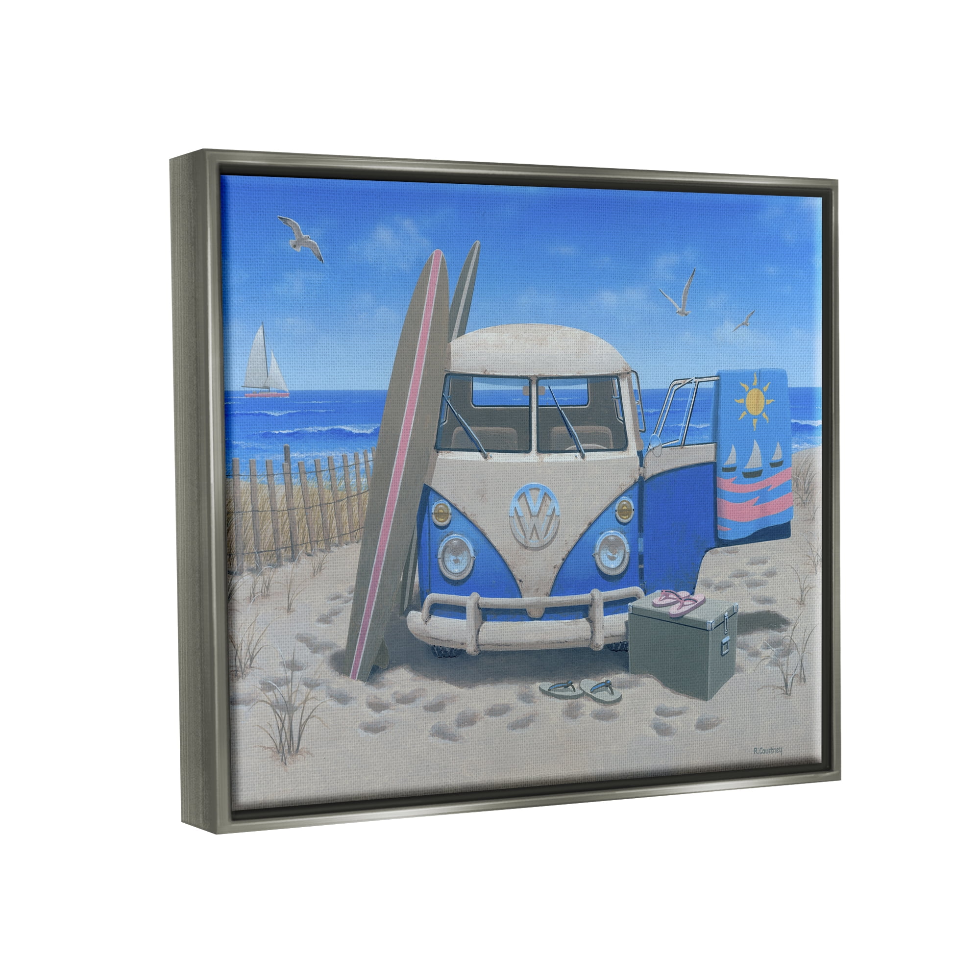 Stupell Industries Tropical Summer Beach Van Coastal Painting Gray Floater Framed Art Print Wall Art