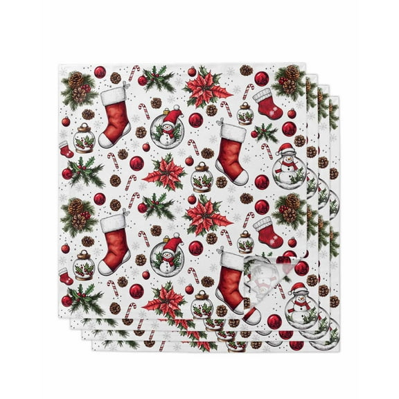 Christmas Cloth Napkins Set of 4, Xmas Snowman Tree Snowflake Balls Washable Reusable Dinner Cocktail Napkin for Kitchen Party Wedding Banquet Holiday Baby Shower Table Decor