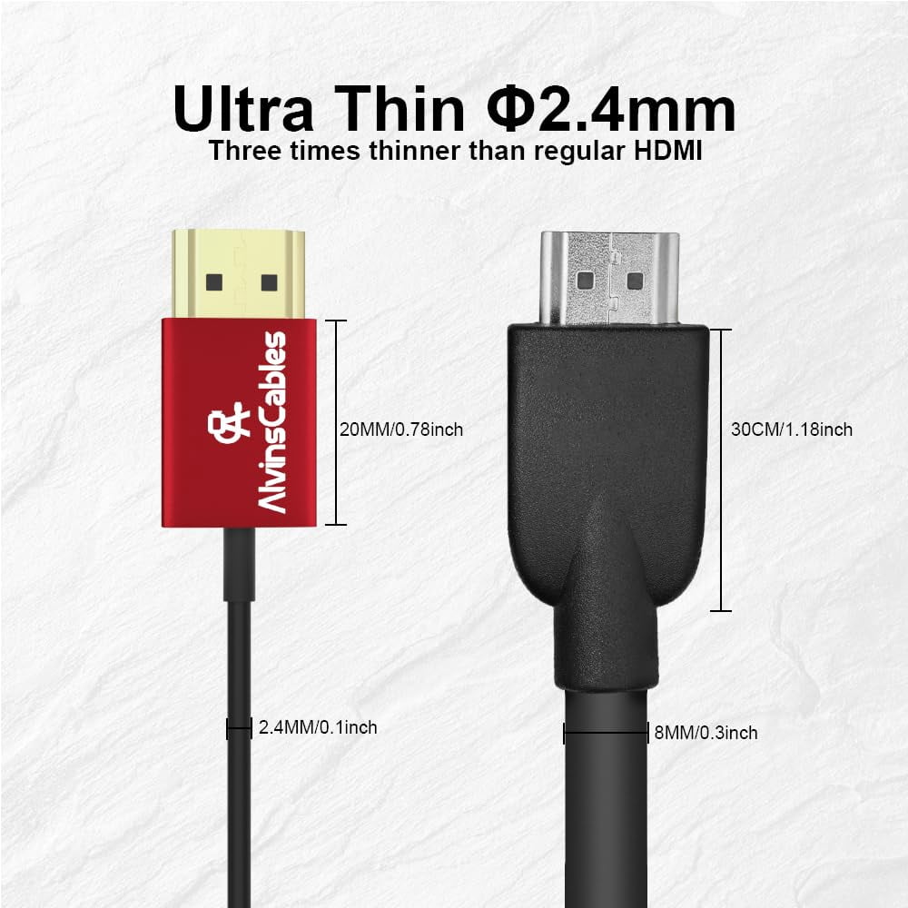 Alvin's Cables 8K HDMI Cable 2.1 48Gbps High Speed Φ2.4mm Ultra-Thin HDMI 8K@60Hz 4K@120Hz for Sony A7 A9, for BMPCC, for Canon C70, for Atomos Ninja, for SmallHD, Straight to Left Angle Coiled