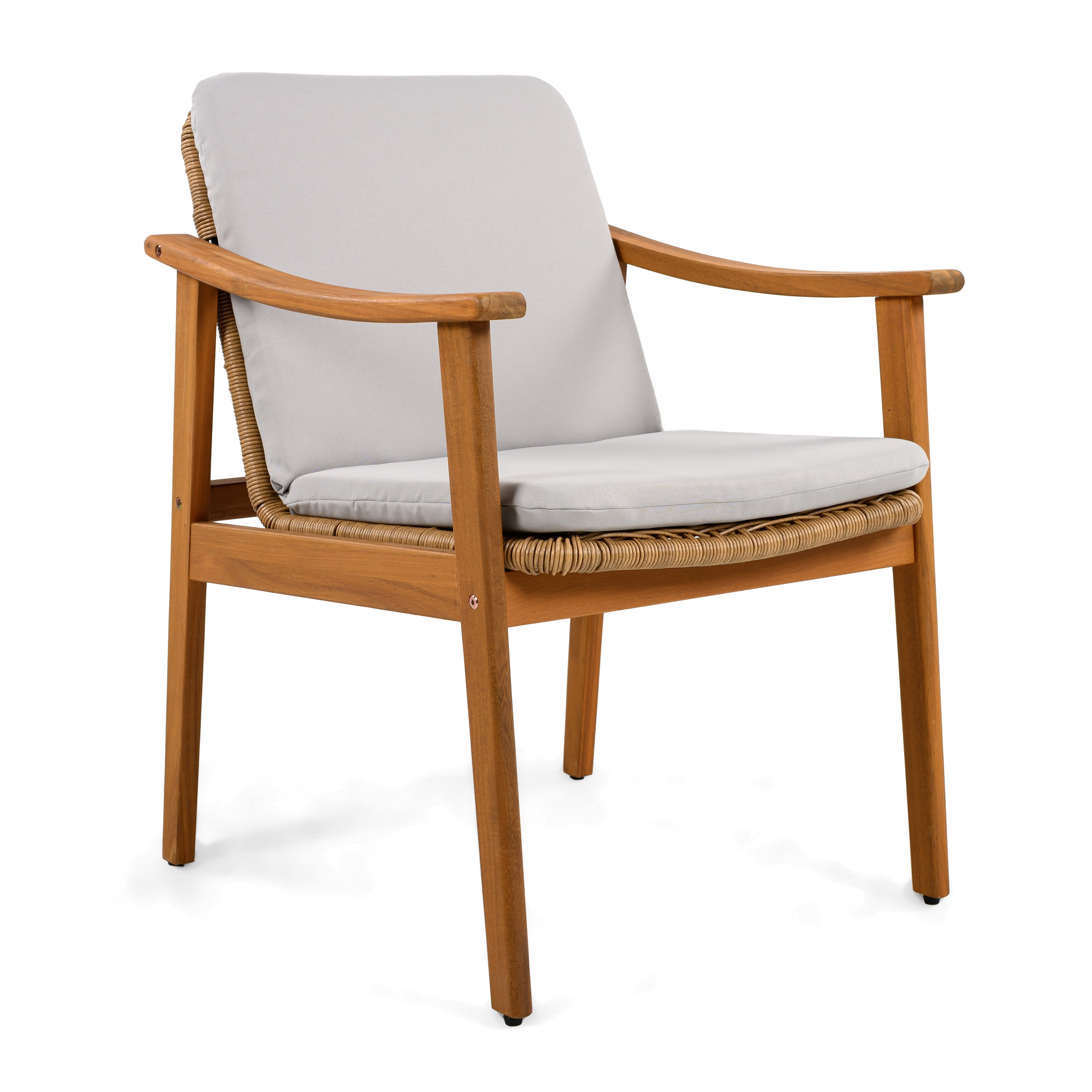 Outdoor Dining Chairs Set of 2, Teak Color Acacia Wood Frame Brown PE Wicker Grey Waterproof Cushion, Teak