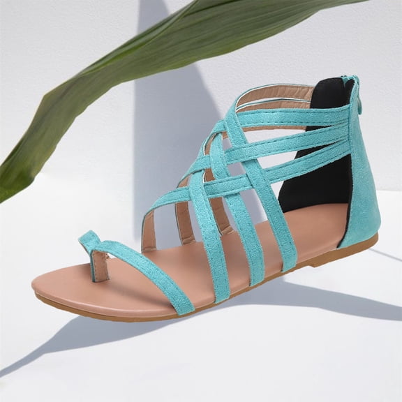 CQONEPT Criss Cross Flat Sandals Flip Flops for Women Casual Summer Gladiator Crisscross Strappy Back Beach Outdoor Flat Sandals Sky Blue 41