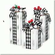Rustic Plaid Presents Wooden Gift Box Set - Xmas Party Table Centerpieces with Buffalo Plaid Bowknot - 3 Piece Decor Kit