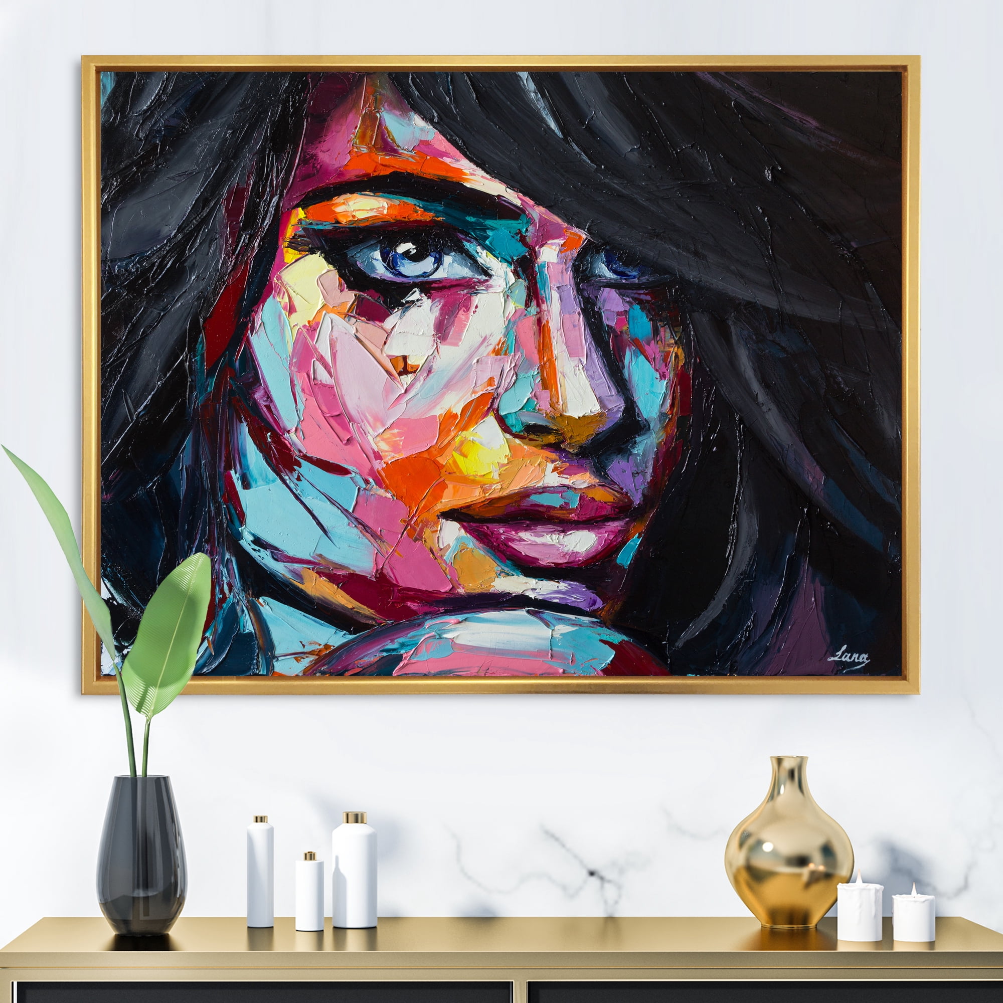 Designart 'Abstract Colorful Fantasy Portrait Of A Young Woman II' Modern Framed Canvas Wall Art Print