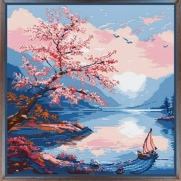 Modern Cherry Flower River Sunset DIY 11CT Stamped Cross Stitch Kits for Beginners Easy Needlepoint Embroidery Counted Cross Stitch Art Craft for Wall Decoration 14x14inch(1)