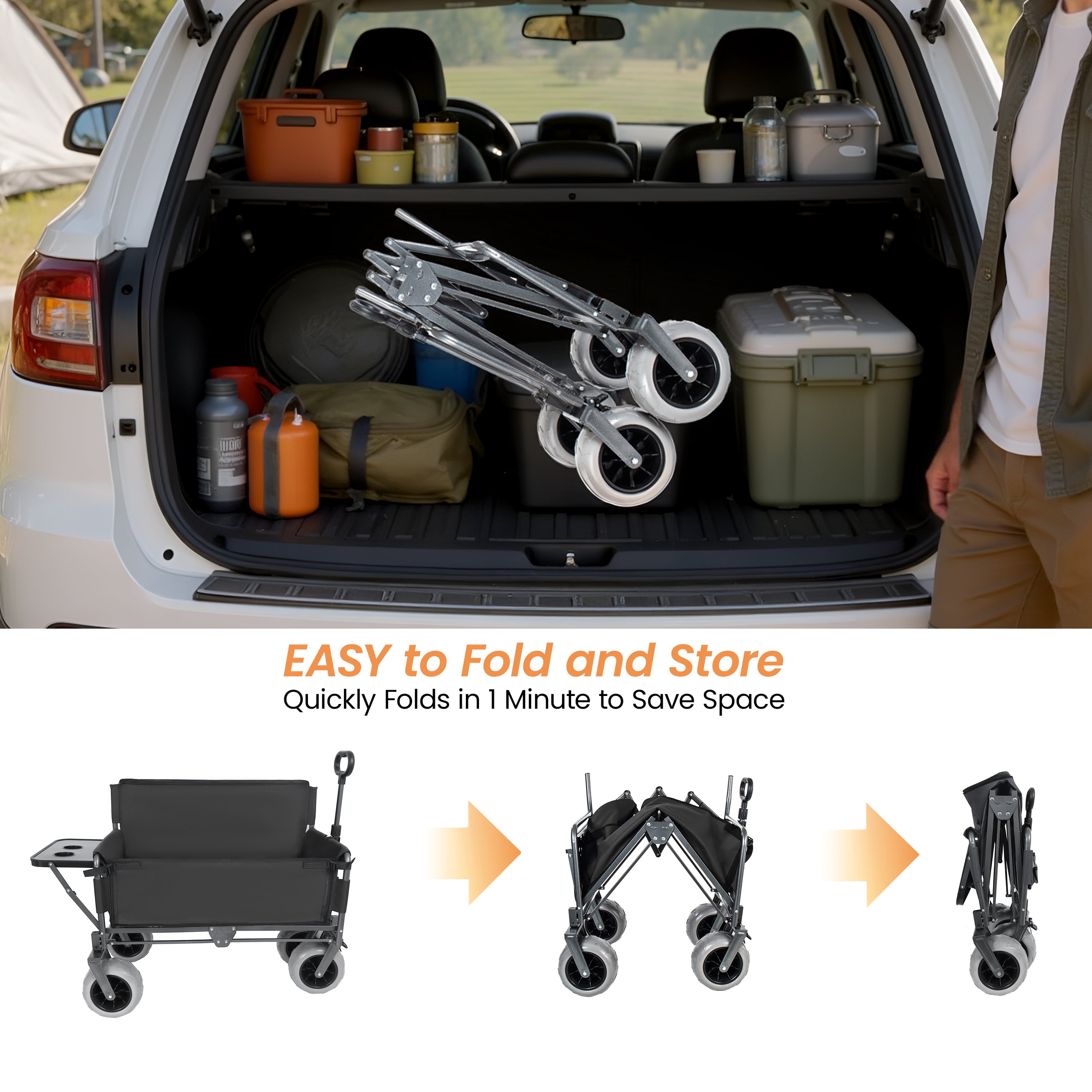 3-in-1 Collapsible Folding Wagon Cart Black, Convertible Bench with Rear Folding Tabletop and Cup Holders, 360°Swivel All-Terrain Wheels for Camping, Beach, Garden, Fishing