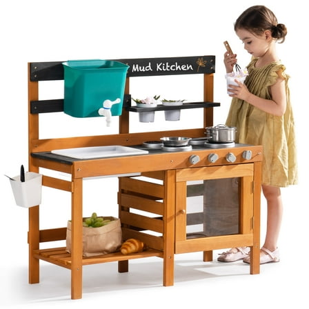 Robud Mud Kitchen for Kids Outdoor, Wooden Outdoor Play Kitchen Set with Real Water Play, Cooking Pots & Gardening Tools, Pretend Play for Ages 3 