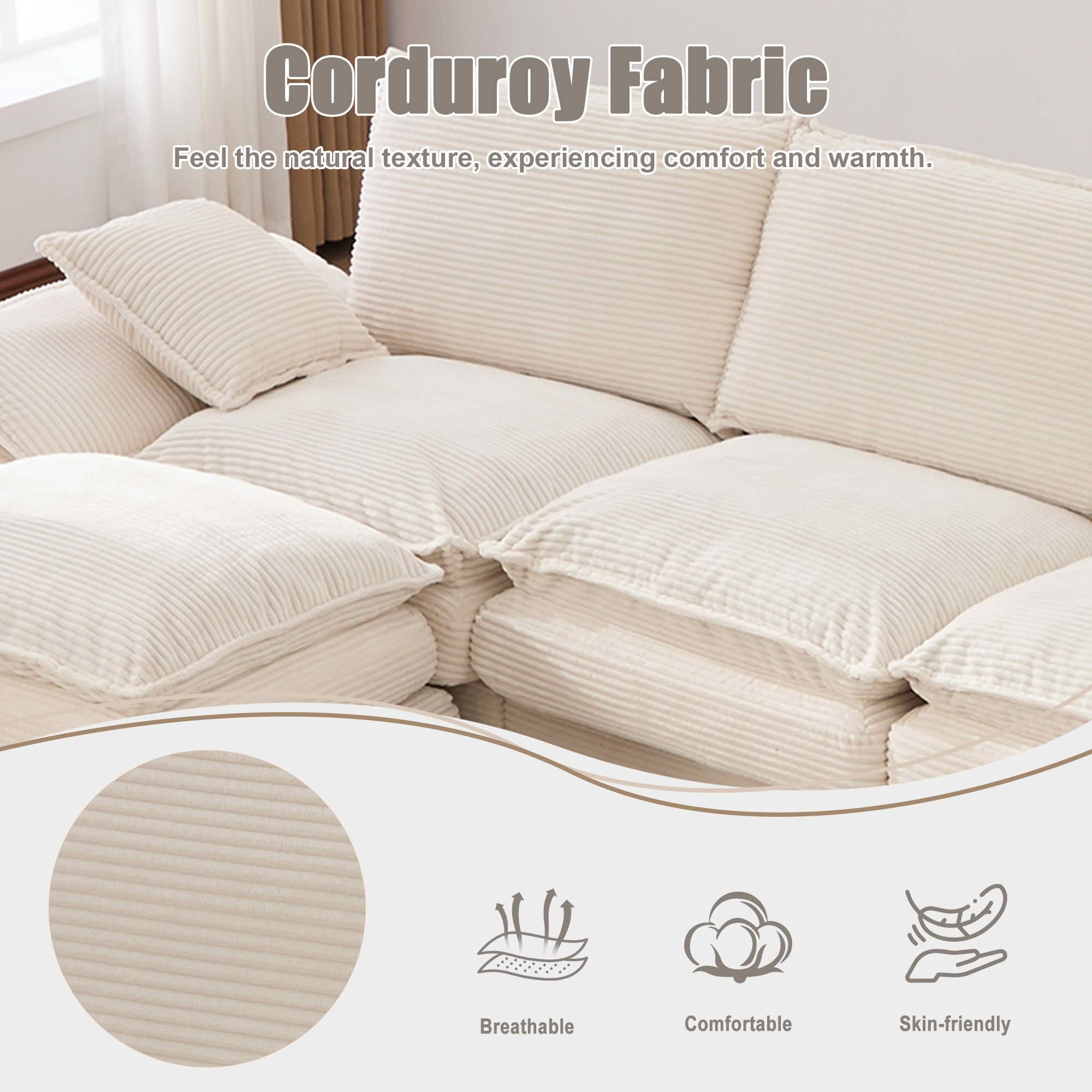 MAYEERTY Ottoman Footstool, Modular Cloud Sofa Footrest with Storage, Soft Corduroy, No Assembly, Beige