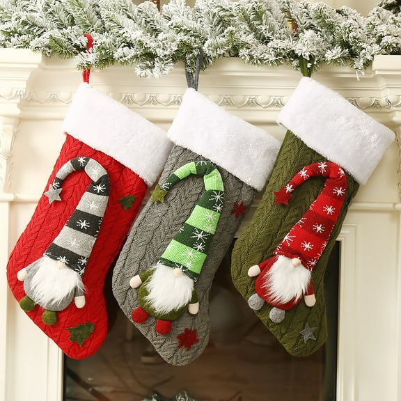 Dalrosia Christmas Gnomes Stockings, 3D Embroidered Star Large Christmas Stockings, Family Christmas Stocks for Stairs Fireplace Xmas Decorations