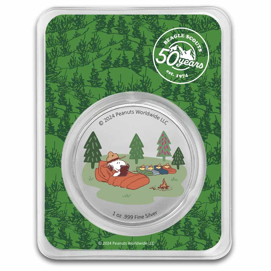 ピーナッツ®ビーグル・スカウト・キャンプ・アドベンチャー 銀1オンス・バー Peanuts® Beagle Scouts Overnight Camp 1 oz Colorized Silver