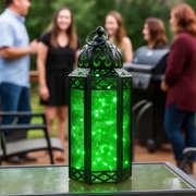 Moroccan Metal Candle Lantern Holder with LED Fairy String Lights, Medium, Green