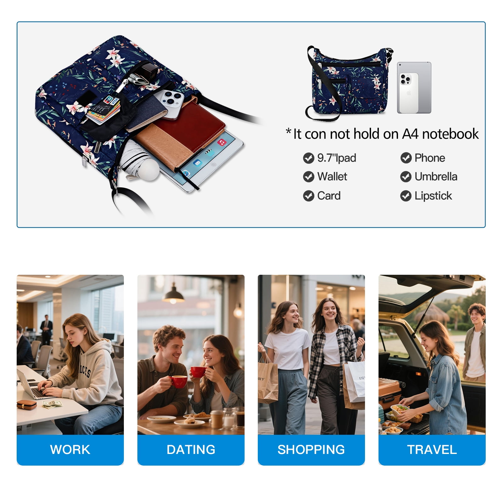URSOFINE Women's Crossbody Bag Lightweight Ladies Travel Shoulder Messenger Bag with Adjustable Strap & Multiple Pockets Soft Across Bag Purse for Everyday Use (15+)