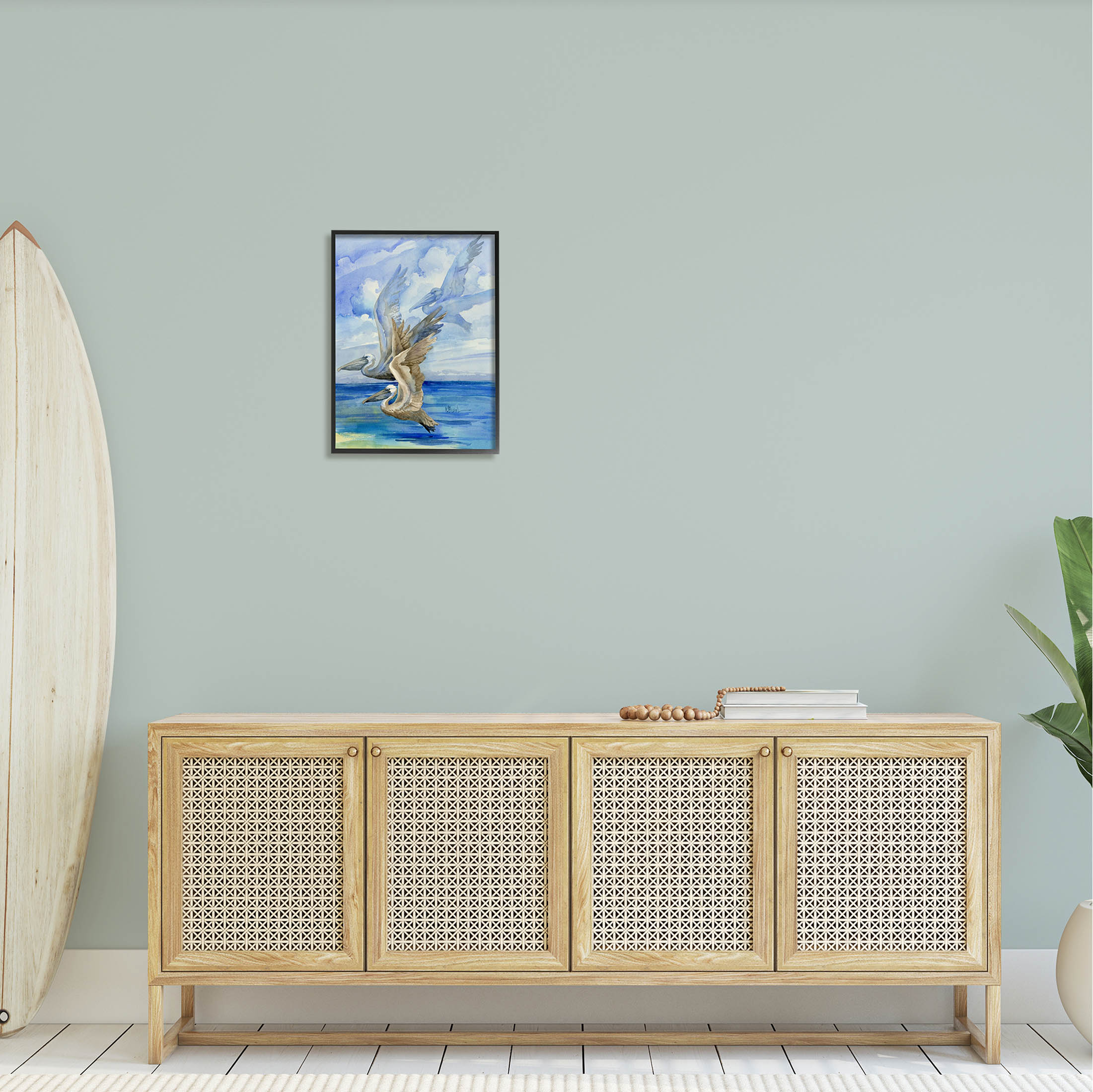 Stupell Industries Pelicans Trio Over Ocean Shore Painting Black Framed Art Print Wall Art, Design by Paul Brent