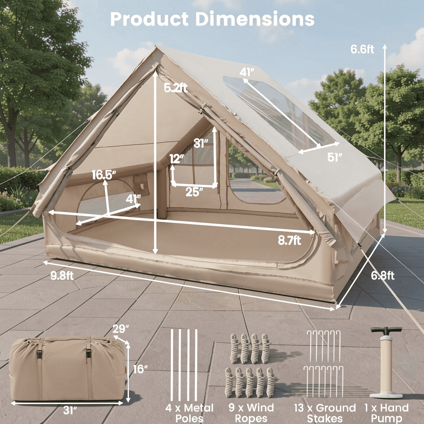 Biotree 4-6 Person Inflatable Camping Tent with Front Porch and Carrying Bag for Family Outdoor Adventures, Beige