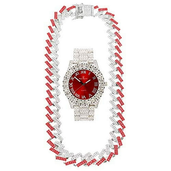 Charles Raymond Blinged Out Hip Hop Rolly Looks with Iced Out Wristwatch Trim and Band with Matching Zig Zag Blinged Out Necklace Sets - ZZ Necklace Sets (ST10327 SLV/Blood Red)