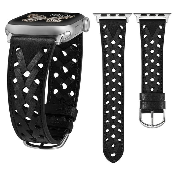 Wearlizer Leather Band Compatible with Apple Watch Band 38mm 40mm 41mm 42mm 44mm 45mm 49mm Ultra Women Men Dressy Breathable Hollow-out Braided Leather Strap for iWatch Bands SE Series 8 7 6 5 4 3 2 1