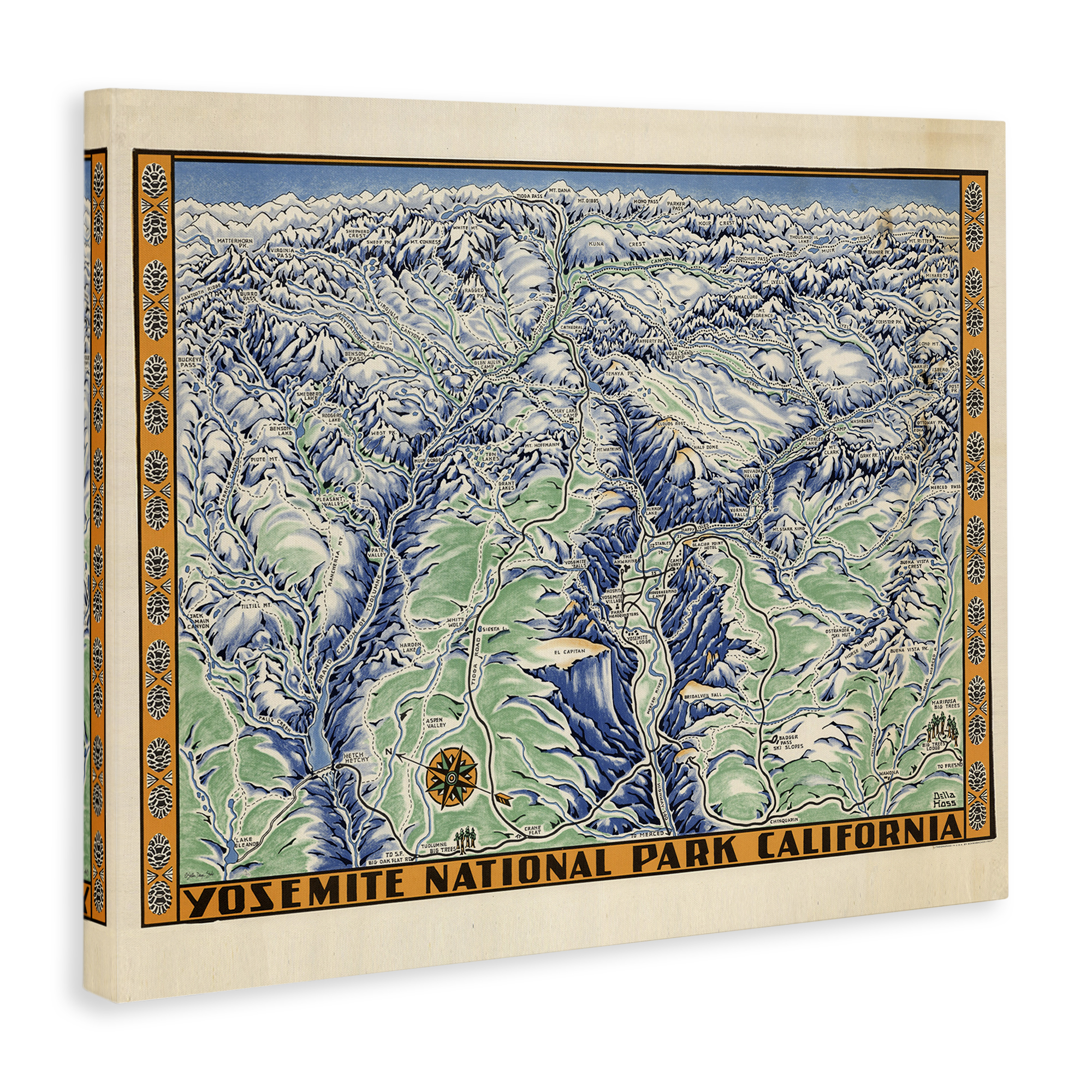 Stupell Industries Vintage Yosemite Map Town & City Painting Gallery Wrapped Canvas Art Print Wall Art, 48 x 36