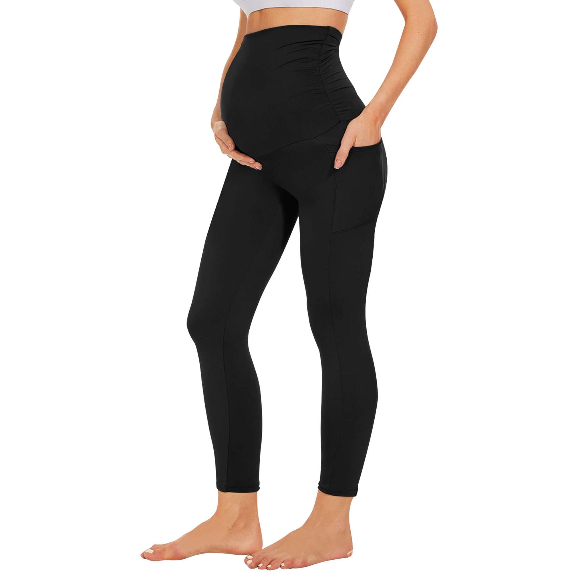 Deago Women's Maternity Workout Leggings Over The Belly Pregnancy Yoga Pants with Pockets Soft Activewear Work Pants (Black, M)
