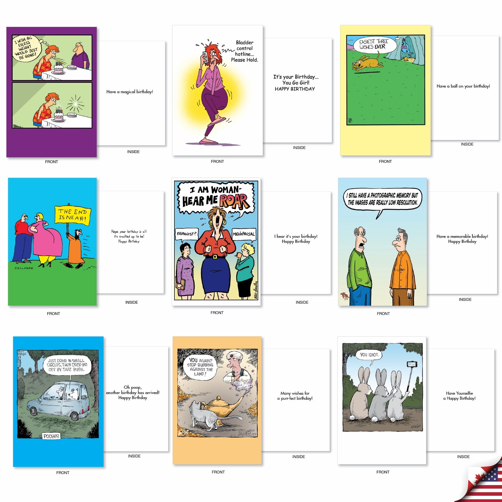 NobleWorks 36 Assorted Set Funny Birthday Greeting Cards w/ 5x7 Envelopes, 36x1 Designs, For Men, Women, Bday Cartoon Party AC9374BDG-B1x36