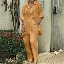 BLTIBY Cotton Linen 2 Piece Sets for Women Summer 2025 Solid Color Loose Long Sleeve Button Up Shirts Wide Leg Pants Matching Set with Pockets Vacation Outfits Khaki M