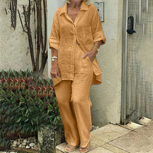 ICHUANYI ClearanceWomen's Solid Turndown Collar Long Sleeve Pullover Shirt Tops + Pants Trousers Set(Khaki, M) ICHUANYI WER20232080501482