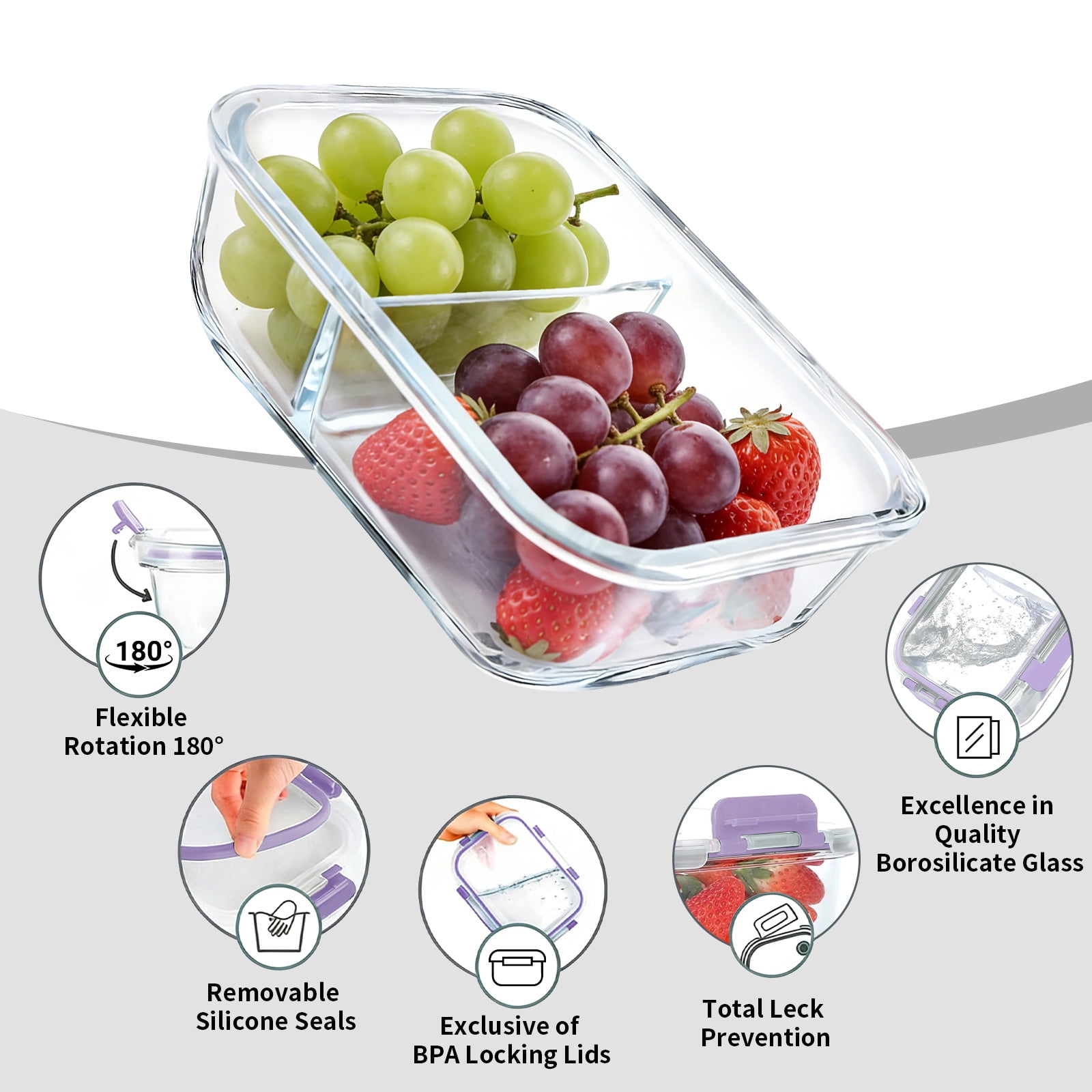 stusgo 35 Oz Glass Food Storage Containers 4-Pack,2 Compartment Portion Control with Airtight Snap Lids，Microwave, Oven, Freezer & Dishwasher Safe (4 Pack,Colorful)