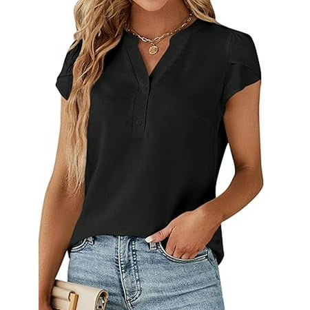 VDJ Summer Tops for Women Business Casual Tops Summer Holiday Trendy Short Sleeve Shirts Button Up Black Blouse for Lady Size L