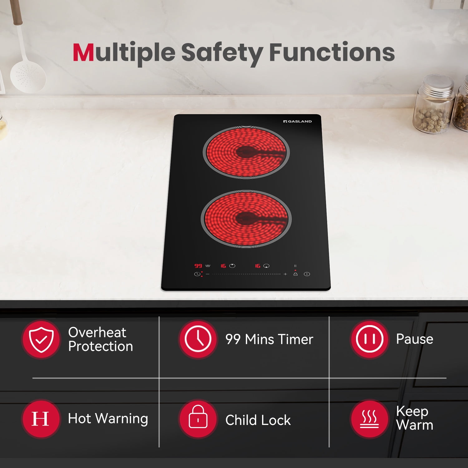 GASLAND 12 in. 2 Burners Radiant Electric Ceramic Cooktop,240 V 2400 W, Child Safety Lock, Timer