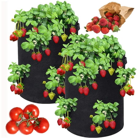 SEELOK Strawberry Grow Bag 2 Packs 10 Gallons Garden Plant Bags with 8 Side Grow Pockets for Strawberry Vegetables Flowers Planting,Black