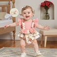 thumbnail image 4 of BemeyourBBs Newborn Baby Girls Summer Clothes False Two Piece Romper Outfit Pink Floral Printed Rib Knit Fly Sleeves Bodysuit Playsuit and Bow Headband, 4 of 9