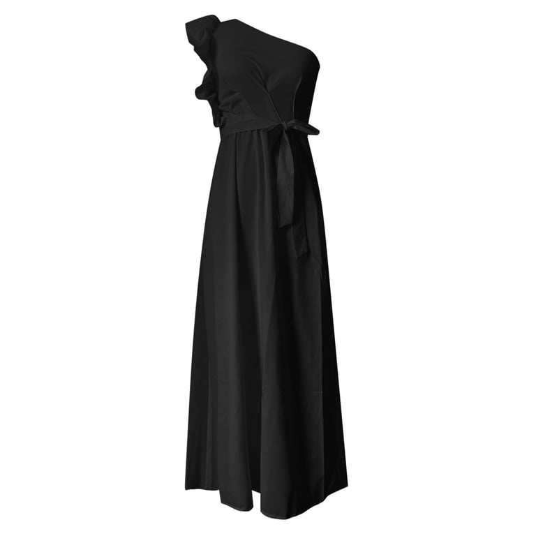Siilsaa Women's Summer One Shoulder Ruffle Dress 2024 Sleeveless Empire  Waist Boho Flowy Maxi Dresses Black,L - Walmart.com