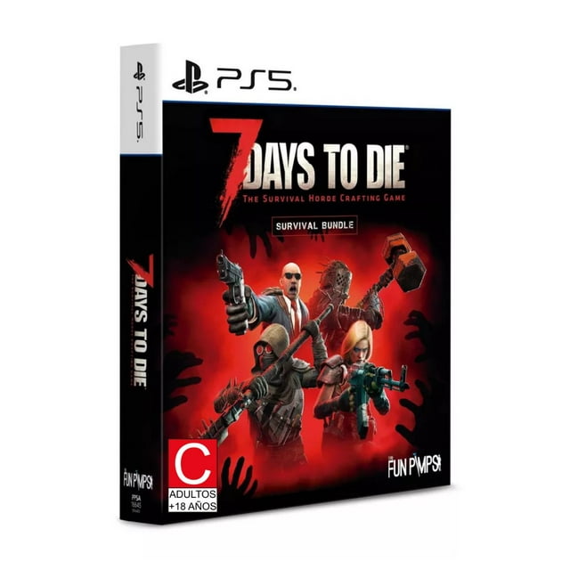 7 days to die console edition survival bundle ps5 caja en vista 3/4 con portada roja y negra; título grande "7 Days to Die" y subtítulo "Survival Bundle", cuatro figuras armadas en primer plano, icono PS5 en la esquina superior y sello de clasificación "C Adultos +18" en la esquina inferior; a menudo coleccionado por fans de PS5.