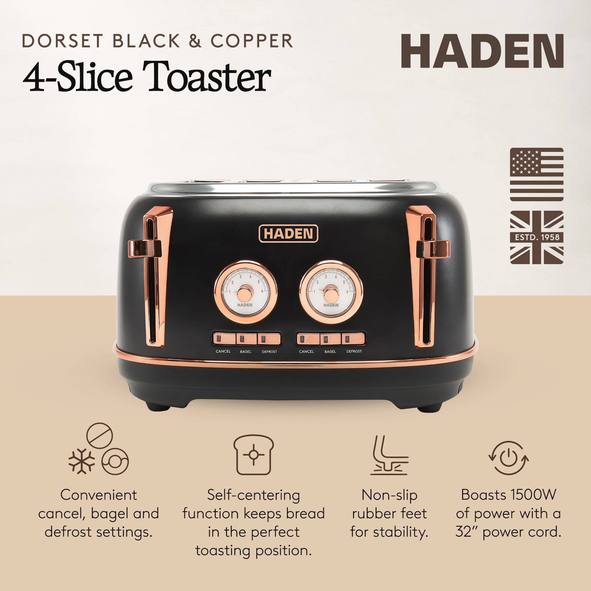 Open Box Haden Dorset 4 Slice Wide Slot Steel Toaster w/ Tray, Black/Copper