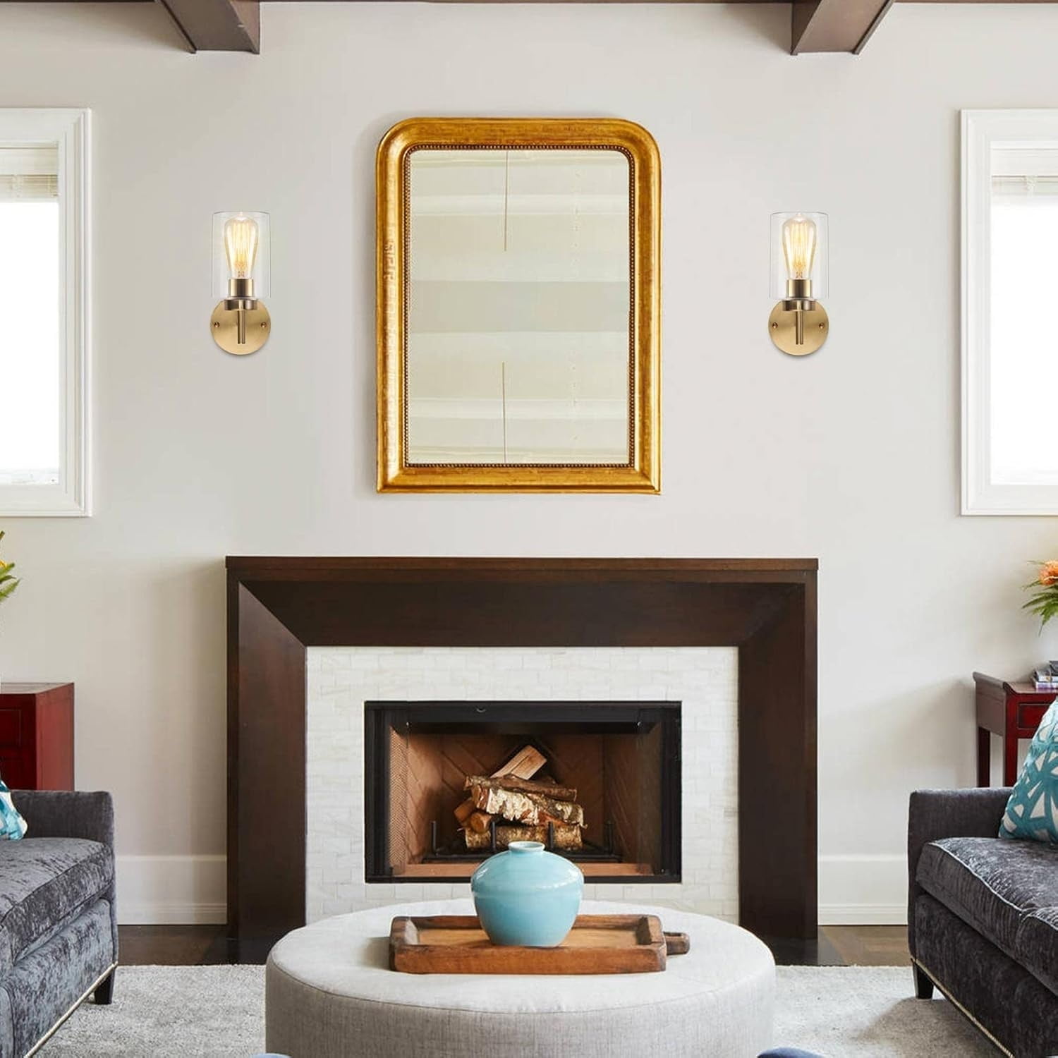 Brushed Gold Wall Sconce, Vintage Indoor Brass Bathroom Vanity Light Fixture 1-Light with Glass Shade Industrial Antique Gold Wall Light Fiture for Living Room Bedroom Entry Hallway