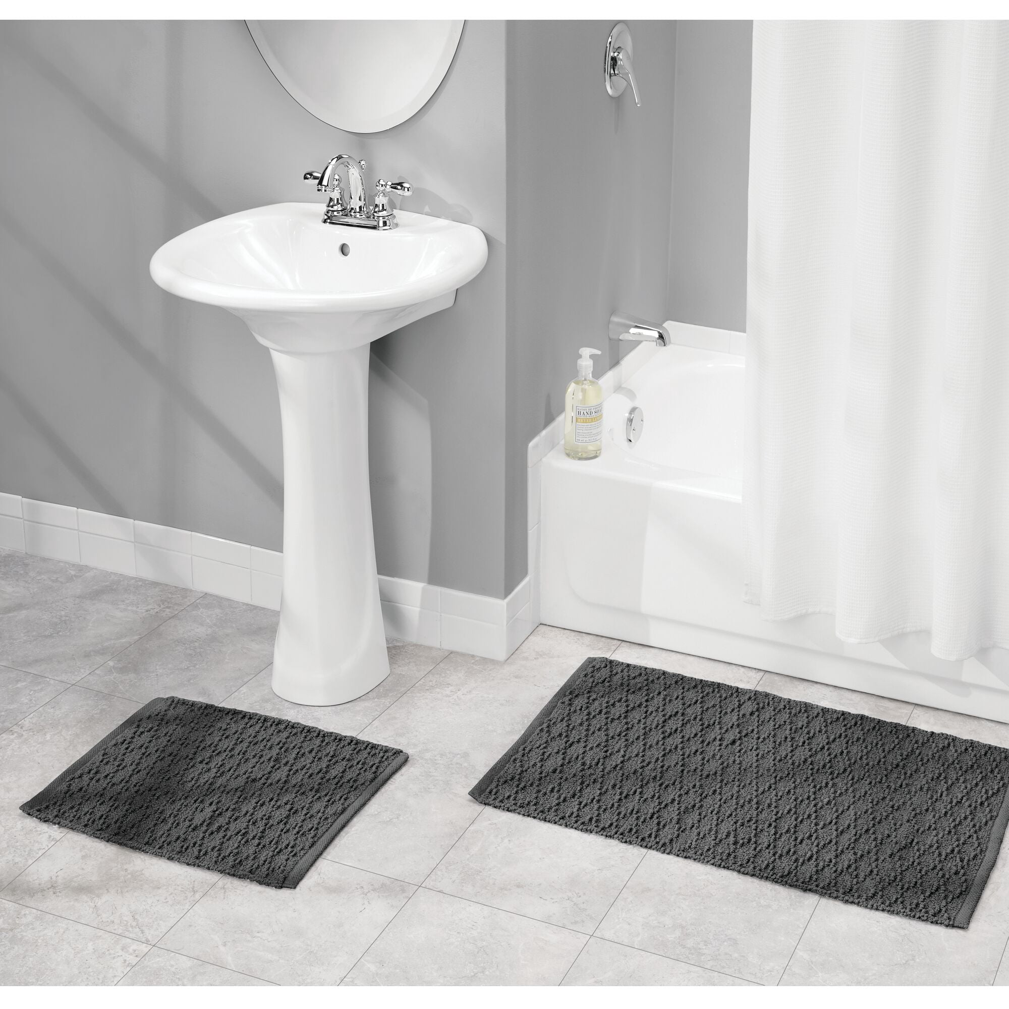 mDesign Cotton Bathroom Spa Mat Rugs/Runner, Diamond Design, Set of 3, Dark Gray