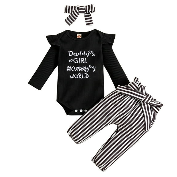 Curuila Newborn Girls Two Piece Set Long Sleeve Crew Neck Letter Print Romper Long Pants Fashion 3Pcs Outfits Set With Headbands Black Size 0-3 Months