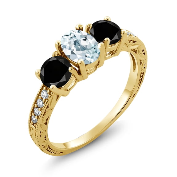 Gem Stone King 1.97 Ct Oval Sky Blue Aquamarine Black Diamond 18K Yellow Gold Plated Silver Moissanite Ring (Size 6)