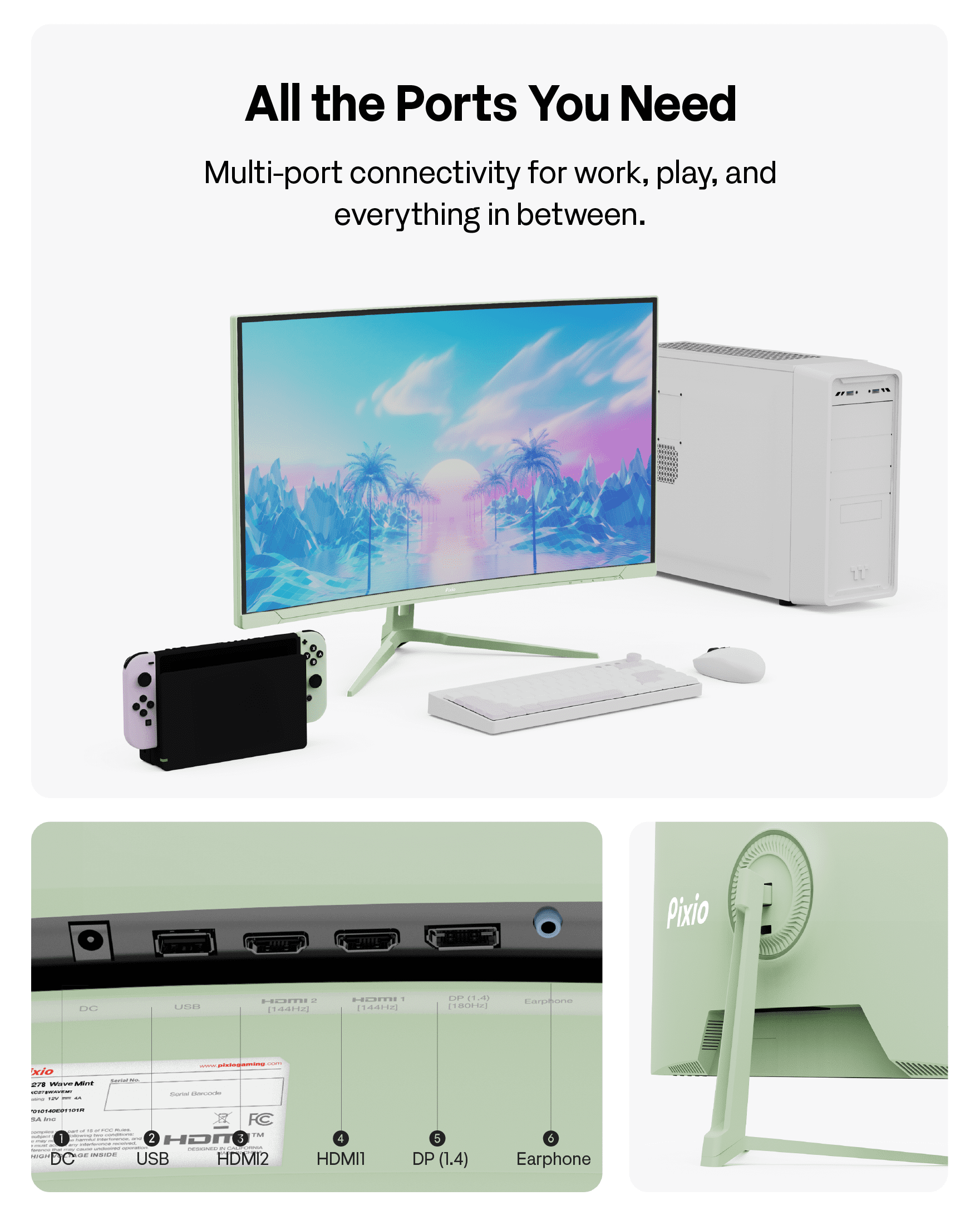 Pixio PXC278 Wave Mint Green 27 inch 180Hz Refresh Rate QHD 1440p Resolution 1650R Curved Fast VA Panel 1ms GTG Response Time Adaptive Sync HDR Curved Gaming Monitor